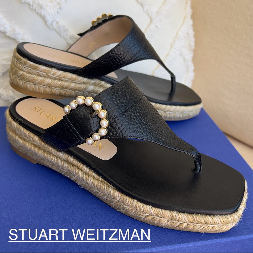 STUART WEITZMAN Pearl buckle Espadanda sandals black natural size 8,5